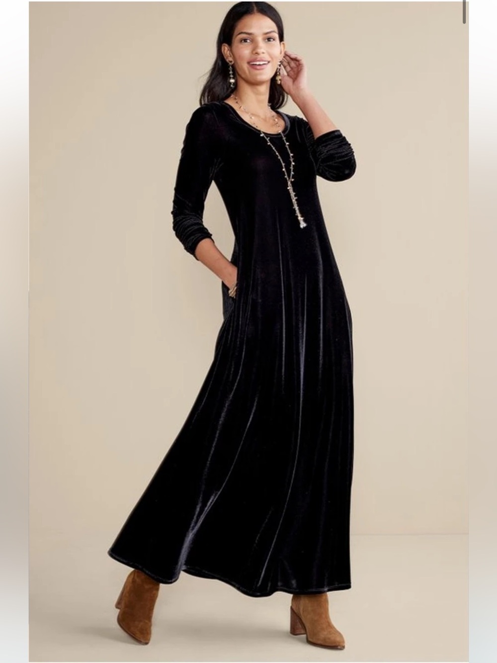 Soft Surroundings Santiago Stretch Velvet Black Dress Pockets 2X Dark Romantic